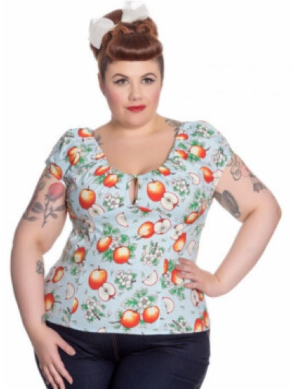 Hell Bunny Retro Peasant Top with Apple print - Size M
